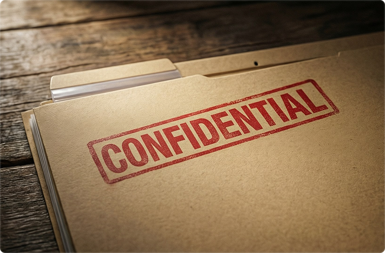 Manila folder stamped "CONFIDENTIAL" on wooden table
